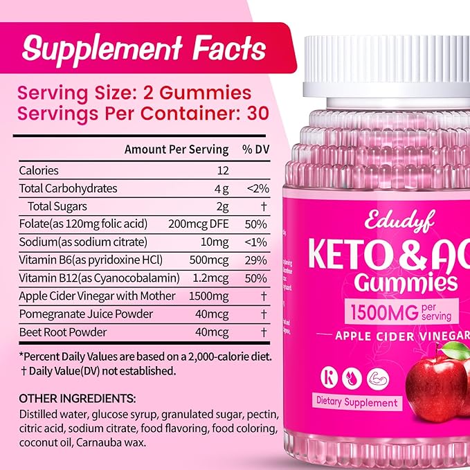 Keto ACV Gummies - Sugar-Free Apple Cider Vinegar Gummies Keto-Friendly, Vegan, Non-GMO, Gluten-Free Apple Flavor Formula for Men & Women 60 Count