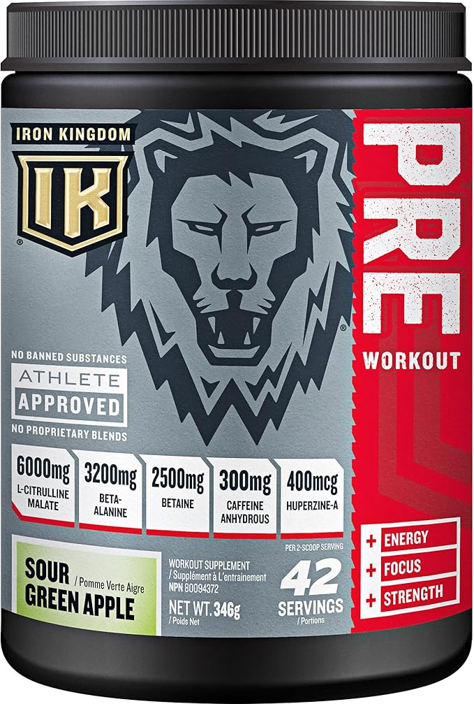 Iron Kingdom Pre Workout Powder for Men & Women Caffeine, Beta Alanine & Aminos for Intense Focus Endurance & Pump - Preworkout Energy Drink Powder Natural Sour Green Apple - 42 Servings