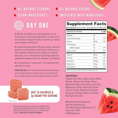 Day One ElectroGummies – Electrolyte Hydration Gummies – Ideal to Boost Hydration & Energy – Supplement for Post & Pre Workout – for Men, Women, Kids – Extra Sour Watermelon Flavored – 60 Gummies