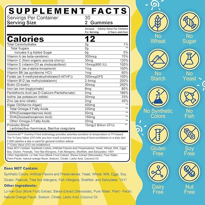 Kids Multivitamin Liquid Filled Gummies, Kids Vitamins for Ages 4+ with Probiotic, Omega 3, Iron, Support Immune & Brain Health, Digestive Health, Non GMO, Gluten Free, Chewable Fruit Flavor