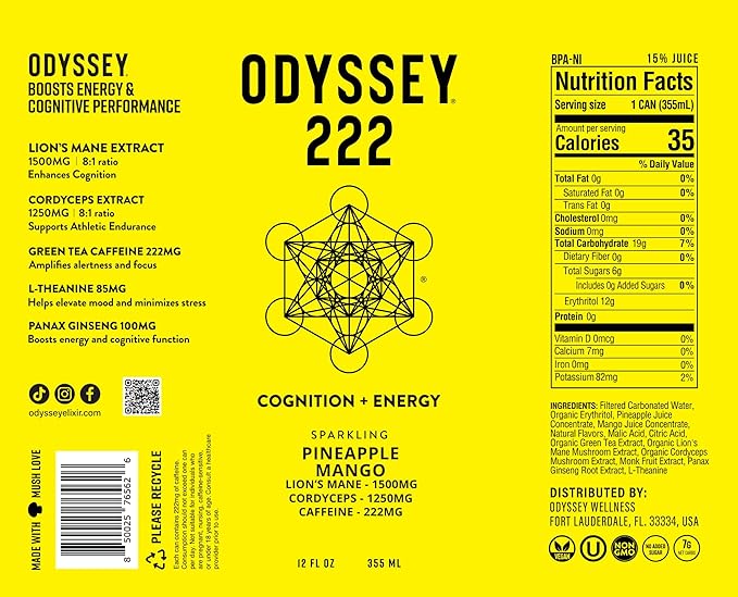 Odyssey Elixir - Odyssey 222 - Sparkling Energy Drink - 222 mg of Caffeine - Lion's Mane & Cordyceps - Energy & Focus - Endurance & Stamina - Nootropic - Pre Workout - Pineapple Mango