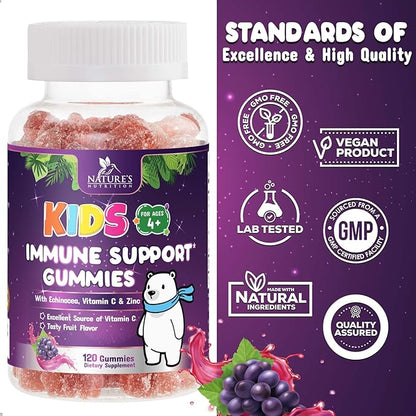 Kids Immune Support Gummy - Vitamin C, Zinc & Echinacea, Daily Children's Immune Support Gummies for Kids Ages 4 and Up, Nature's Vitamins for Kids, Vegan & Non-GMO, Natural Berry Flavor - 120 Gummies