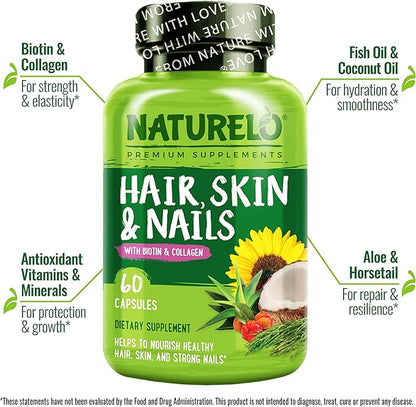 NATURELO Hair, Skin and Nails Vitamins - 5000 mcg Biotin, Collagen, Natural Vitamin E - Supplement for Healthy Skin, Hair Growth for Women and Men – 60 Capsules