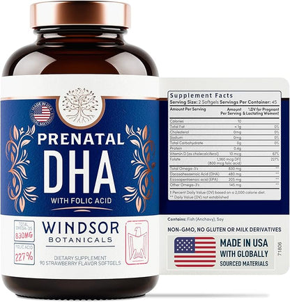 Prenatal Vitamins with DHA and Folic Acid - Fetal Development and Pregnancy Support - High-Potency Prenatal Vitamins For Women DHA and EPA Omega-3s D3 Prenatal DHA Fish Oil - 90 Strawberry Softgels