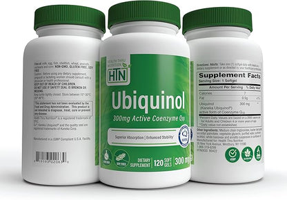 Health Thru Nutrition Ubiquinol 300mg 120 Softgels as Kaneka QH Reduced CoQ-10 | Stabilized - 3rd Party Tested | Enhanced Bioavailability | Cardiovascular & Mitochondria Function Support | Non-GMO