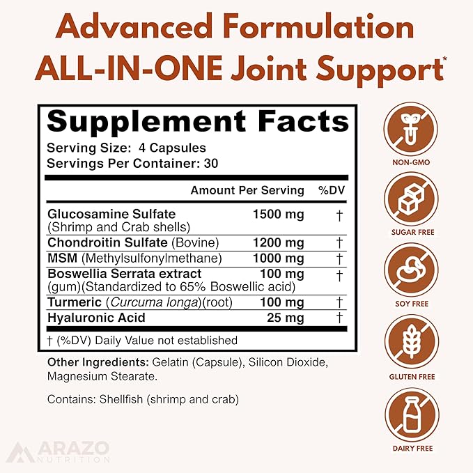 Arazo Nutrition Glucosamine Chondroitin Turmeric Msm Boswellia - Joint Support Supplement for Relief 120 Capsules for Bones, Back, Knees, Hands (120 Capsules)