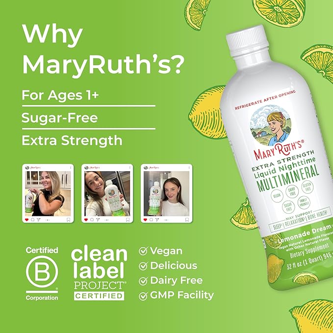 MaryRuth Organics Extra Strength Nighttime Liquid Multimineral Sleep Supplement | Sugar Free | Calm Magnesium Citrate | NO Melatonin | Calcium Magnesium Zinc | Lemonade Flavor | Vegan | 32 Servings