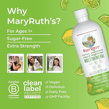 MaryRuth Organics Extra Strength Nighttime Liquid Multimineral Sleep Supplement | Sugar Free | Calm Magnesium Citrate | NO Melatonin | Calcium Magnesium Zinc | Lemonade Flavor | Vegan | 32 Servings