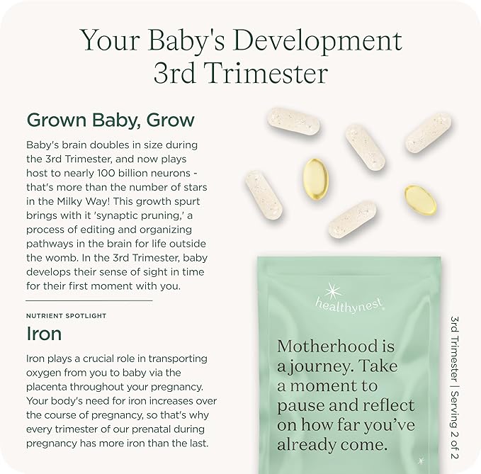HealthyNest 3rd Trimester Prenatal Vitamin | Pregnancy Support for Fetal Brain Development with Methylfolate, Choline, DHA, Iron, Inositol | 31 Day Supply