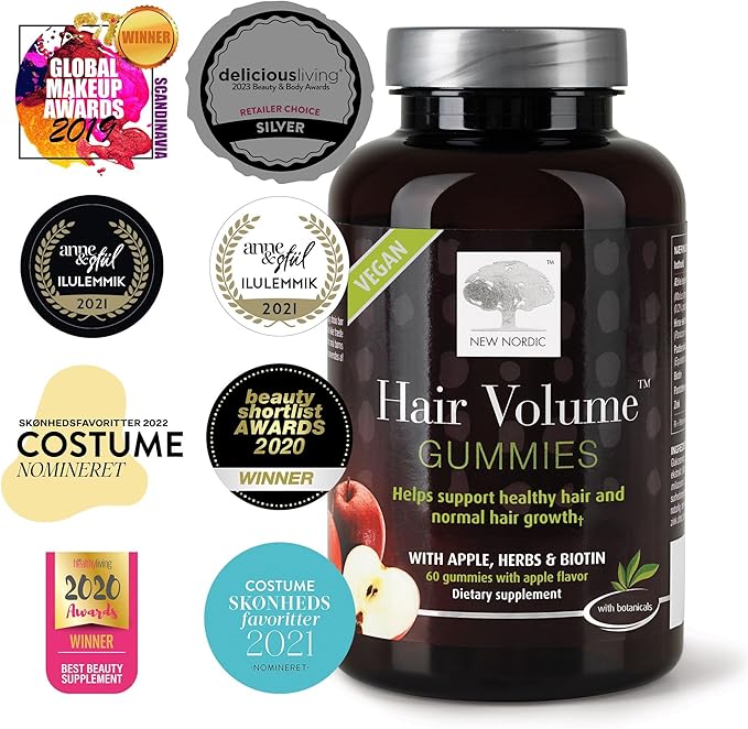 NEW NORDIC Hair Volume Gummies, 2500 mcg Biotin Daily Intake, Hair Vitamins to Support Hair Skin & Nails, Vegan Hair Supplement for Men and Women, 60 Count (Pack of 1)