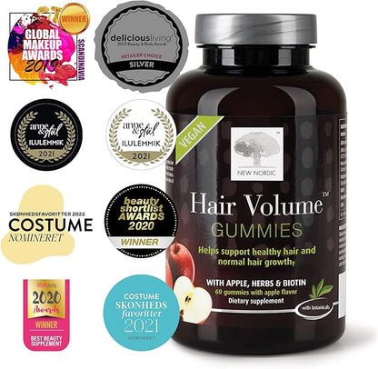 NEW NORDIC Hair Volume Gummies, 2500 mcg Biotin Daily Intake, Hair Vitamins to Support Hair Skin & Nails, Vegan Hair Supplement for Men and Women, 60 Count (Pack of 3)