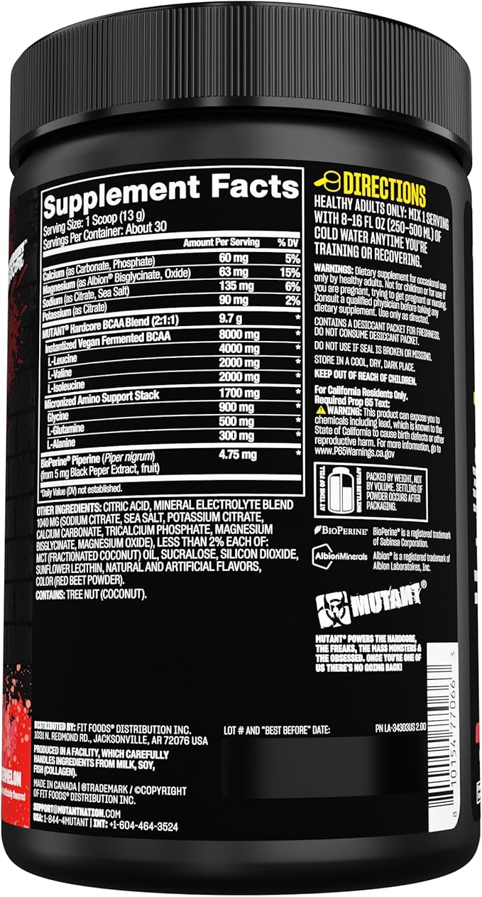 Mutant Hardcore BCAA - Pre, Intra or Post Workout – BCAA Next Level branched-Chain Amino Acids Supplement – Hydration + Recovery - 30 Serving - Watermelon