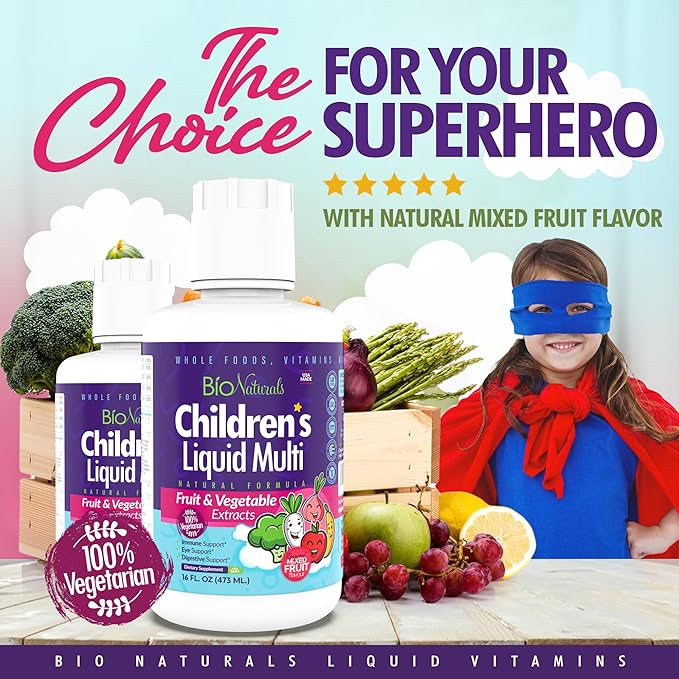 Bio Naturals Children's Liquid Multivitamin & Immune Booster - Natural Supplement for Kids & Toddlers with Vitamins A B C D3 E, Fiber, Fruits & Vegetables - No GMOs, Gluten, Sugar, Dairy, Soy - 16oz