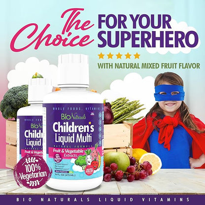 Bio Naturals Children's Liquid Multivitamin & Immune Booster - Natural Supplement for Kids & Toddlers with Vitamins A B C D3 E, Fiber, Fruits & Vegetables - No GMOs, Gluten, Sugar, Dairy, Soy - 16oz