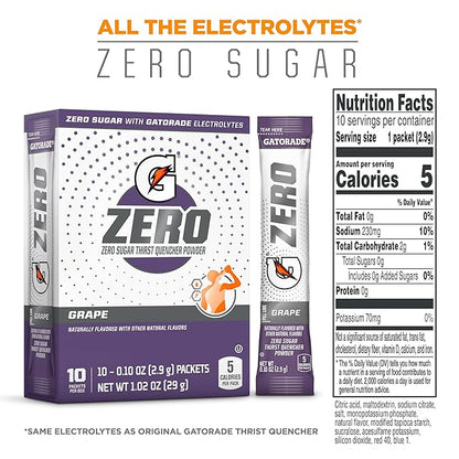 Gatorade G Zero Powder, Grape, 0.10oz Packets, Makes 20 ounces, 10 Count (Pack of 12)