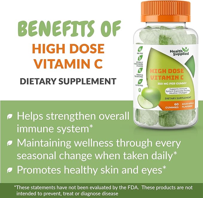 Sour Apple Flavored Vitamin C Gummies Mega Dose - 1050 mg Vitamin C - Boosts Immune System and Supports Heart Health - Great Tasting and Easy to Swallow (2 Pack)