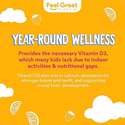Feel Great Kids Vitamin D3 1000 IU Gummies | Kids Vitamin D Gummies for Healthy Bones, Mood, & Immune Support | Citrus Flavored Vegetarian D3 Gummies | 90 Day Supply