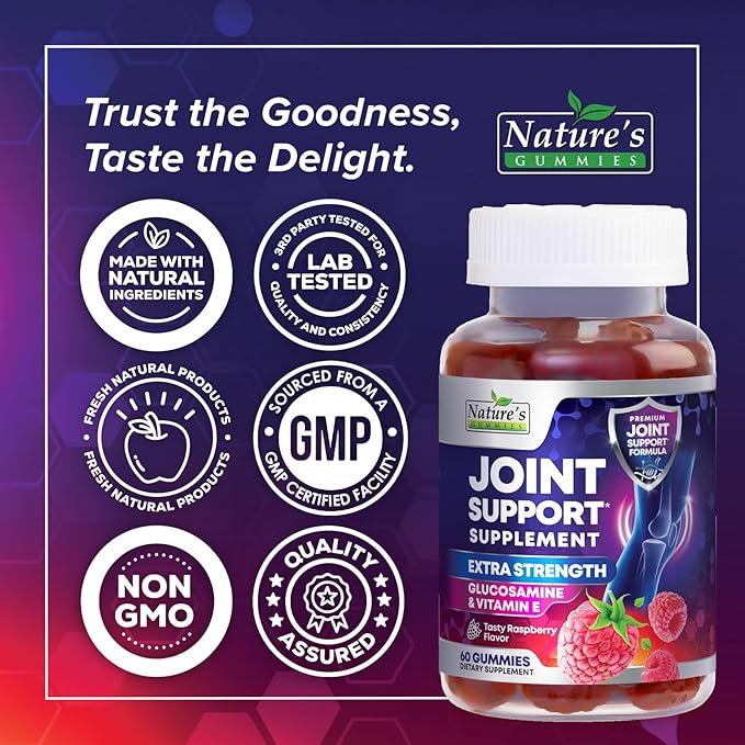 Joint Support Supplement - Extra Strength Glucosamine Joint Support Gummy - Joint Health Support & Flexibility for Back, Knees, & Hands - Vitamin E for Immune Support for Women & Men - 60 Gummies