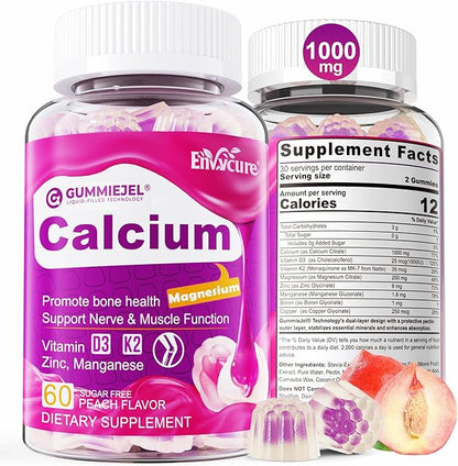 Sugar-Free Calcium Citrate Gummies 1000mg w/Vitamin D3 K2, Magnesium, Zinc, Boron, Manganese, Copper for Bone, Muscle & Immune, Ultimate Absorption Calcium Supplement for Women & Men - Vegan, 60 Count
