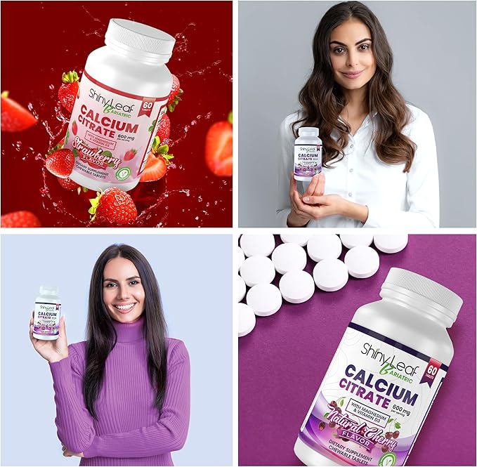 Shiny Leaf Bariatric Calcium Citrate 600mg - Supplement for Bariatric Surgery Patients, 2 x 60 Ct Chewable Calcium Tablets with Magnesium, Vitamin D3, Vegetarian - Cherry & Strawberry Flavors