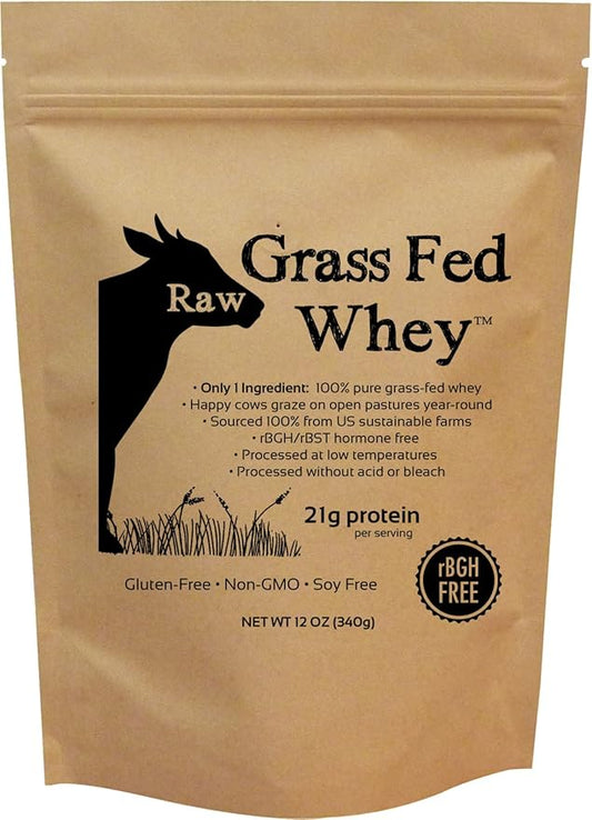 Raw Grass Fed Whey Protein Powder, Happy Healthy Cows, Undenatured, GMO-Free, Hormone Free, Gluten Free, Unflavored, Unsweetened, 12 OZ
