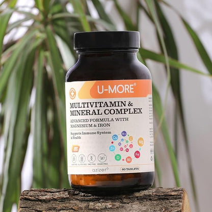 U-MORE Multivitamin & Mineral Complex, Vegan, Sugar-Free, Gluten-Free, Calcium, Magnesium, Vitamin A, B1, B2, B5, B6, B12, D3, K, C, Iron, Zinc, Supports Immune System & Overall Health - 60 Tablets