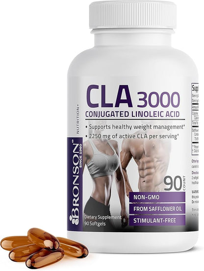 Bronson CLA 3000 Extra High Potency Supports Healthy Weight Management Lean Muscle Mass Non-Stimulating Conjugated Linoleic Acid, 90 Softgels