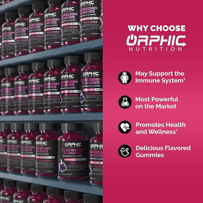 ORPHIC NUTRITION Elderberry Gummies with Vitamin C and Zinc - 60 Count - Immune Support Supplement for Men, Women and Kids* - Elderberry Vitamins Made with Vitamin C - 100MG of Elderberry