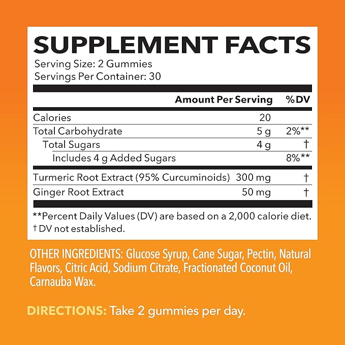 Turmeric Gummies With Ginger - Turmeric Supplement With Ginger Root Extract - Ginger Chews with Turmeric Curcumin for Immune Support and Joint Health - Peach Flavor - 60 Turmeric and Ginger Gummies
