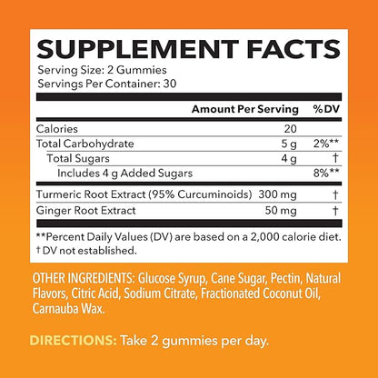 Turmeric Gummies With Ginger - Turmeric Supplement With Ginger Root Extract - Ginger Chews with Turmeric Curcumin for Immune Support and Joint Health - Peach Flavor - 60 Turmeric and Ginger Gummies