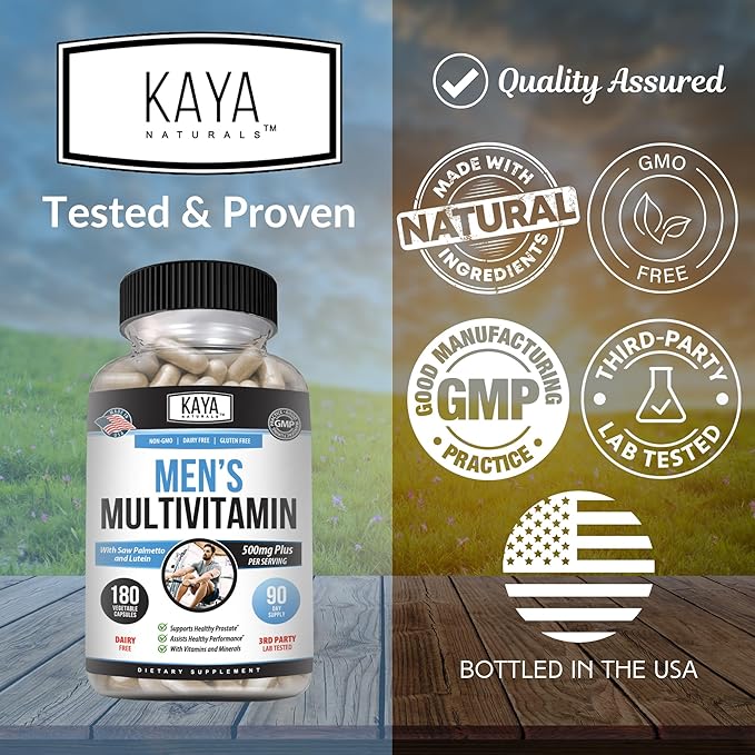 Kaya Naturals Multivitamin for Men - Men's Prostate Multivitamin - Multi Mineral Daily Supplement - Pills for Men - Supports Healthy Prostate - Vitaminas para Hombres - 180 Veggie Capsules