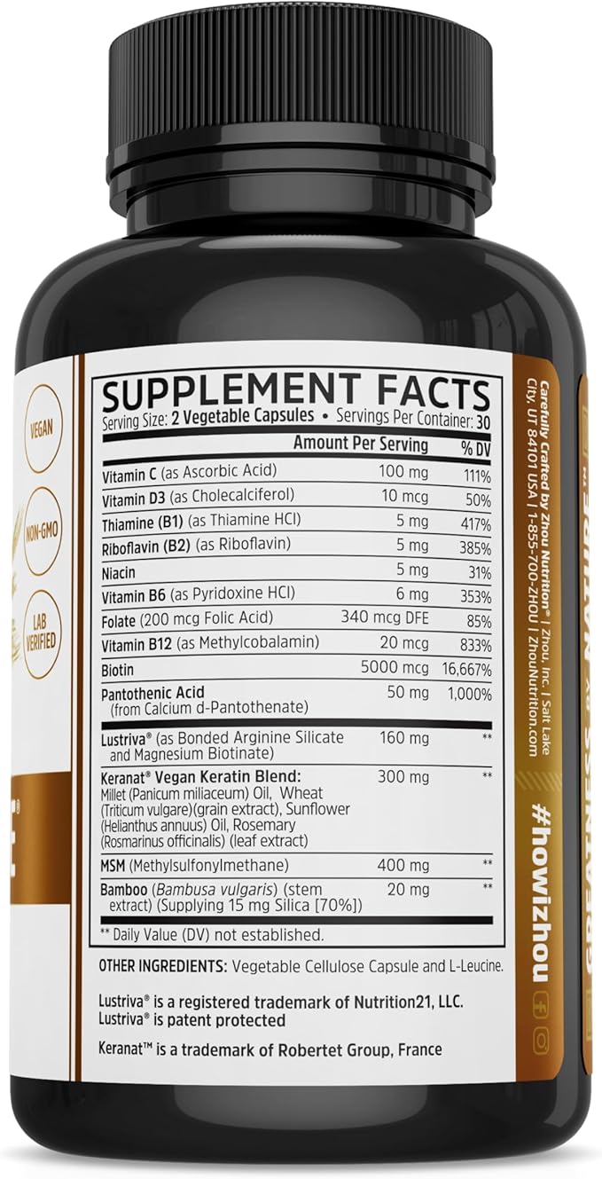 Zhou Hairfluence, Hair Growth Supplement with Clinically Studied Lustriva and Keranat and Hair Vitamins Biotin 5000mcg, Vitamin D, A, C & B12, Non-GMO, Gluten Free, 60 VegCaps