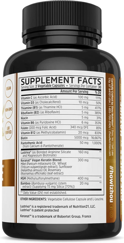Zhou Hairfluence, Hair Growth Supplement with Clinically Studied Lustriva and Keranat and Hair Vitamins Biotin 5000mcg, Vitamin D, A, C & B12, Non-GMO, Gluten Free, 60 VegCaps