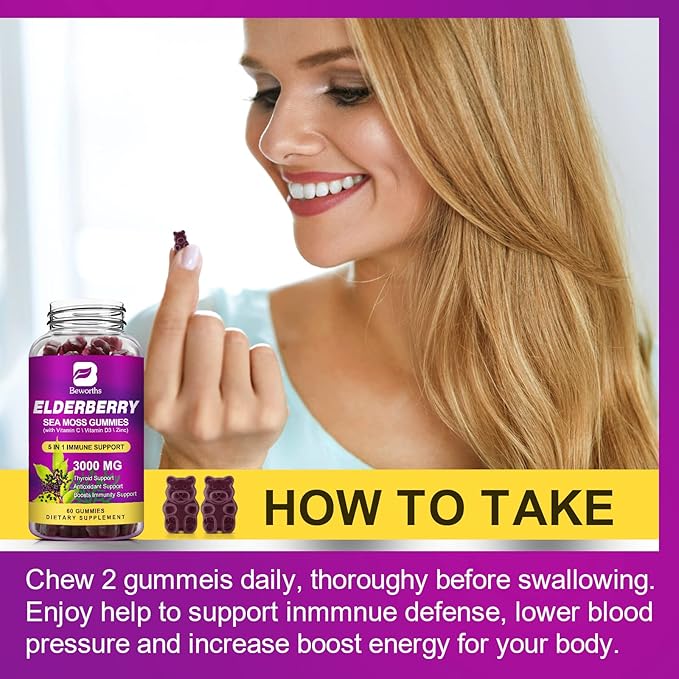 Elderberry & Irish Sea Moss Gummies, Organic Black Sambucus Elderberry Gummies with Seamoss, Zinc, Vitamin C, D3 for Kids, Elderberry Vitamin Supplements for Immune & Energy Support - Vegan