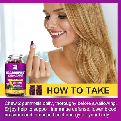 Elderberry & Irish Sea Moss Gummies, Organic Black Sambucus Elderberry Gummies with Seamoss, Zinc, Vitamin C, D3 for Kids, Elderberry Vitamin Supplements for Immune & Energy Support - Vegan