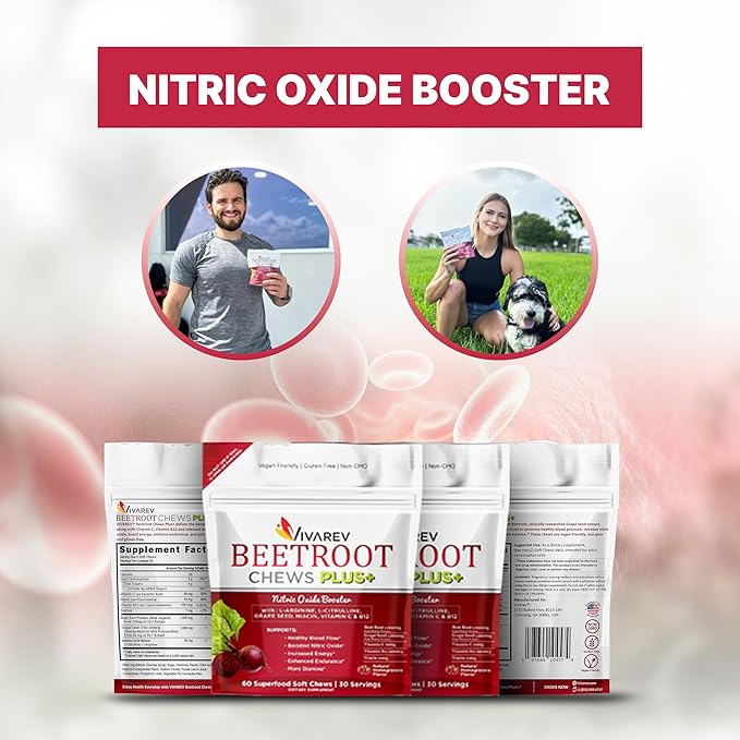 Beetroot Nitric Oxide Supplement - 1000mg Beet Powder with L Arginine, L Citrulline, Grape Seed Extract, Niacin, Vitamin C & B12 - Beet Chews - Pack of 60
