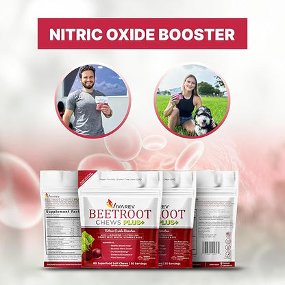 Beetroot Nitric Oxide Supplement - 1000mg Beet Powder with L Arginine, L Citrulline, Grape Seed Extract, Niacin, Vitamin C & B12 - Beet Chews - Pack of 60