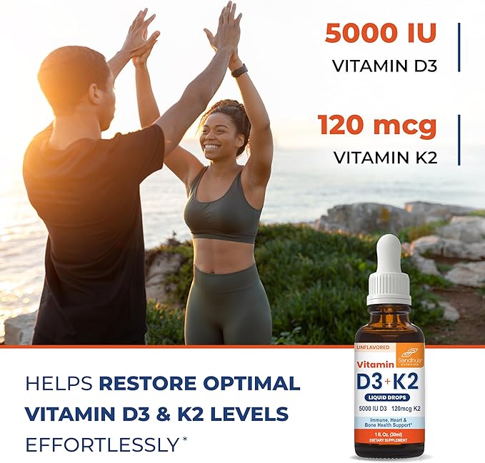 Sandhu's Vitamin D3 K2 Drops for Adults | 5000 IU D3 Liquid, 120mcg K2 Supplement | Supports Immune Health | 1 Fl Oz (Pack of 2)