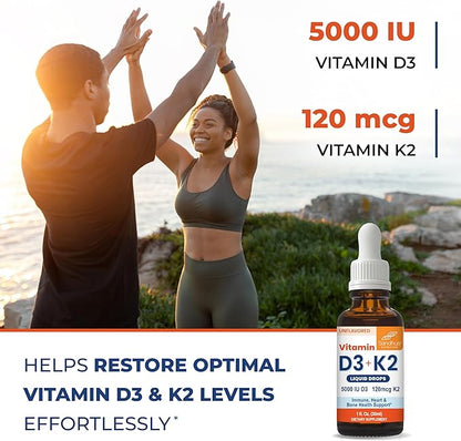 Sandhu's Vitamin D3 K2 Drops for Adults | 5000 IU D3 Liquid, 120mcg K2 Supplement | Supports Immune Health | 1 Fl Oz (Pack of 2)