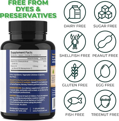 ForestLeaf Vitamin D3 + K2 (MK7) Supplement - MenaQ7 - Calcium and Vitamin D3 5000 IU Max Absorption - Teeth and Bone Strength, Heart Health, Immune System Support - 60 Veggie Capsules
