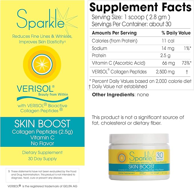 Sparkle Skin Boost No Flavor Verisol Collagen Peptides Protein Powder Vitamin C Supplement Drink, 2.8oz