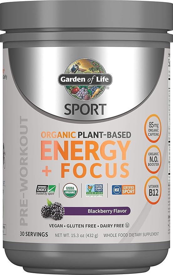 Garden of Life Sport Organic Plant Based Energy + Focus Clean Pre Workout Powder, with 85mg Caffeine, Natural No Booster, B12, Vegan, Gluten Free, Non-GMO, Blackberry, 15.3 Oz