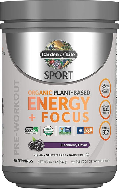 Garden of Life Sport Organic Plant Based Energy + Focus Clean Pre Workout Powder, with 85mg Caffeine, Natural No Booster, B12, Vegan, Gluten Free, Non-GMO, Blackberry, 15.3 Oz