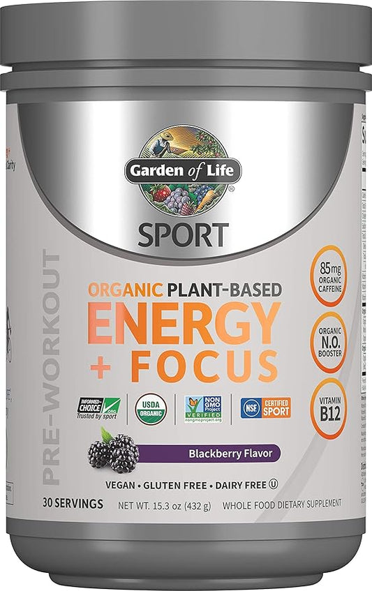 Garden of Life Sport Organic Plant Based Energy + Focus Clean Pre Workout Powder, with 85mg Caffeine, Natural No Booster, B12, Vegan, Gluten Free, Non-GMO, Blackberry, 15.3 Oz