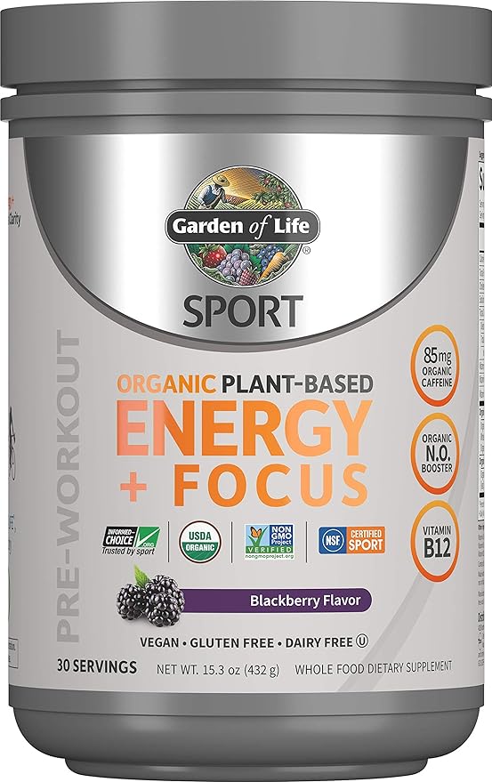 Garden of Life Sport Organic Plant Based Energy + Focus Clean Pre Workout Powder, with 85mg Caffeine, Natural No Booster, B12, Vegan, Gluten Free, Non-GMO, Blackberry, 15.3 Oz
