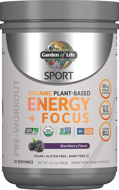 Garden of Life Sport Organic Plant Based Energy + Focus Clean Pre Workout Powder, with 85mg Caffeine, Natural No Booster, B12, Vegan, Gluten Free, Non-GMO, Blackberry, 15.3 Oz