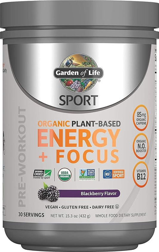 Garden of Life Sport Organic Plant Based Energy + Focus Clean Pre Workout Powder, with 85mg Caffeine, Natural No Booster, B12, Vegan, Gluten Free, Non-GMO, Blackberry, 15.3 Oz