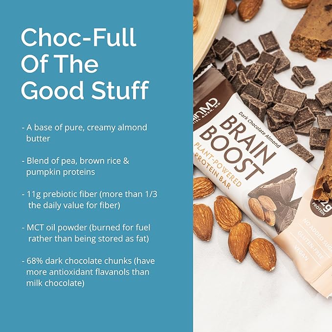 BrainMD Brain Boost, Dark Chocolate Almond - 10 Plant-Powered Protein Bars - Vegan, Gluten Free, Keto Friendly
