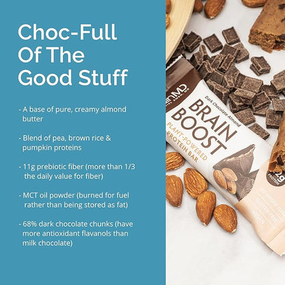 BrainMD Brain Boost, Dark Chocolate Almond - 10 Plant-Powered Protein Bars - Vegan, Gluten Free, Keto Friendly