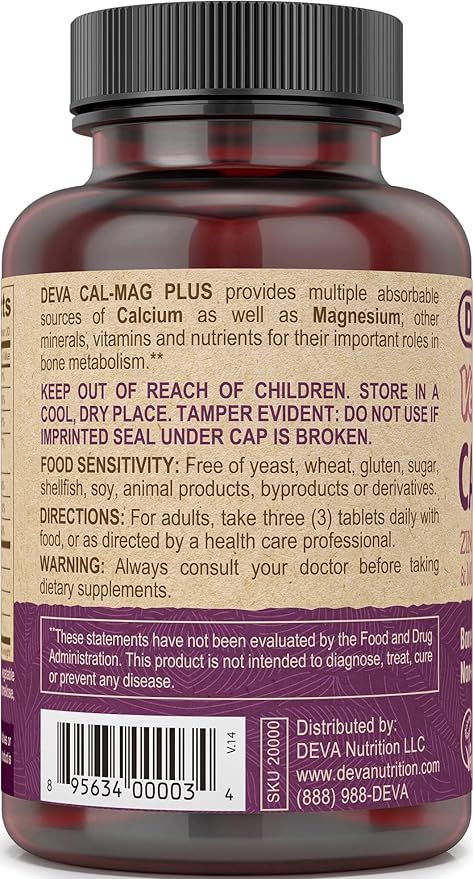DEVA Vegan Calcium Magnesium Supplement Plus, Zinc, Vitamin C, Vitamin D, Vitamin K, Boron, Sugar Free & Gluten Free, 90-Tablets, 2-Pack